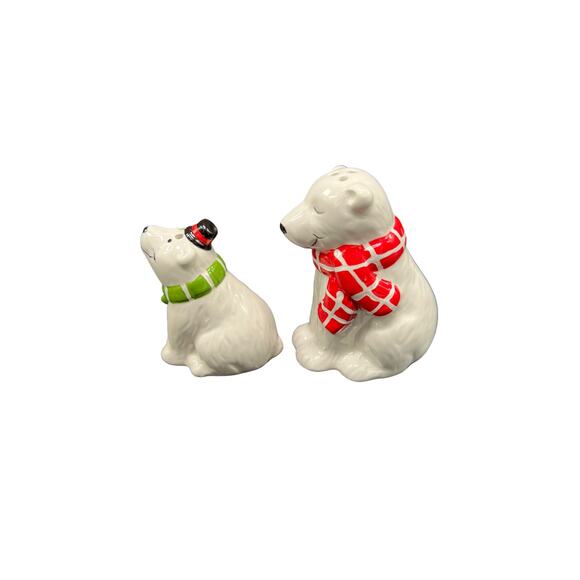 Mother & Son Polar Bear Salt & Pepper Shakers Holiday Green & Red Mufflers - Picture 4 of 5